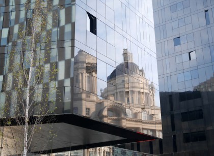 Reflection of the Liver Birds in the glass buildings